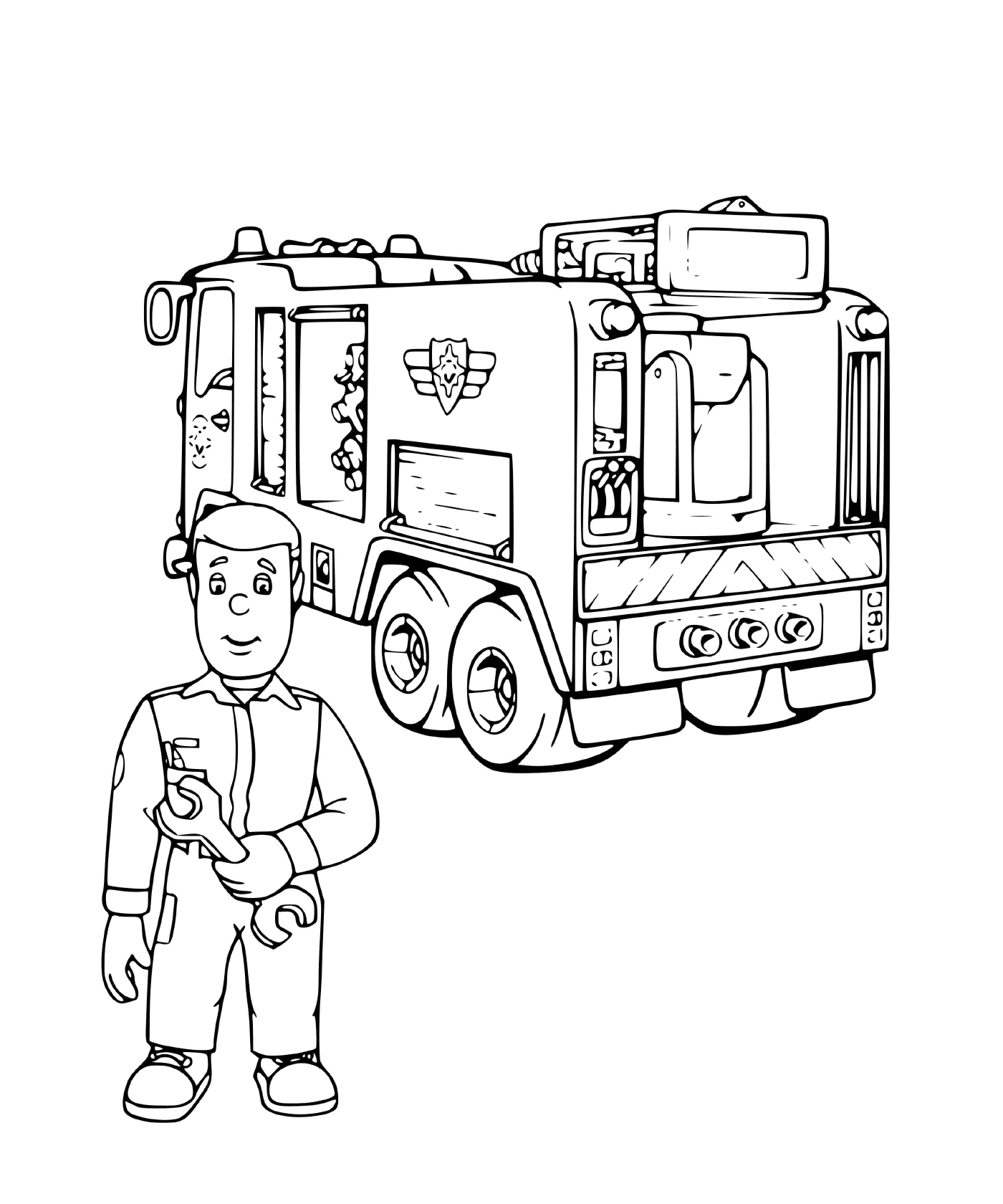   Un homme et un camion de pompiers 
