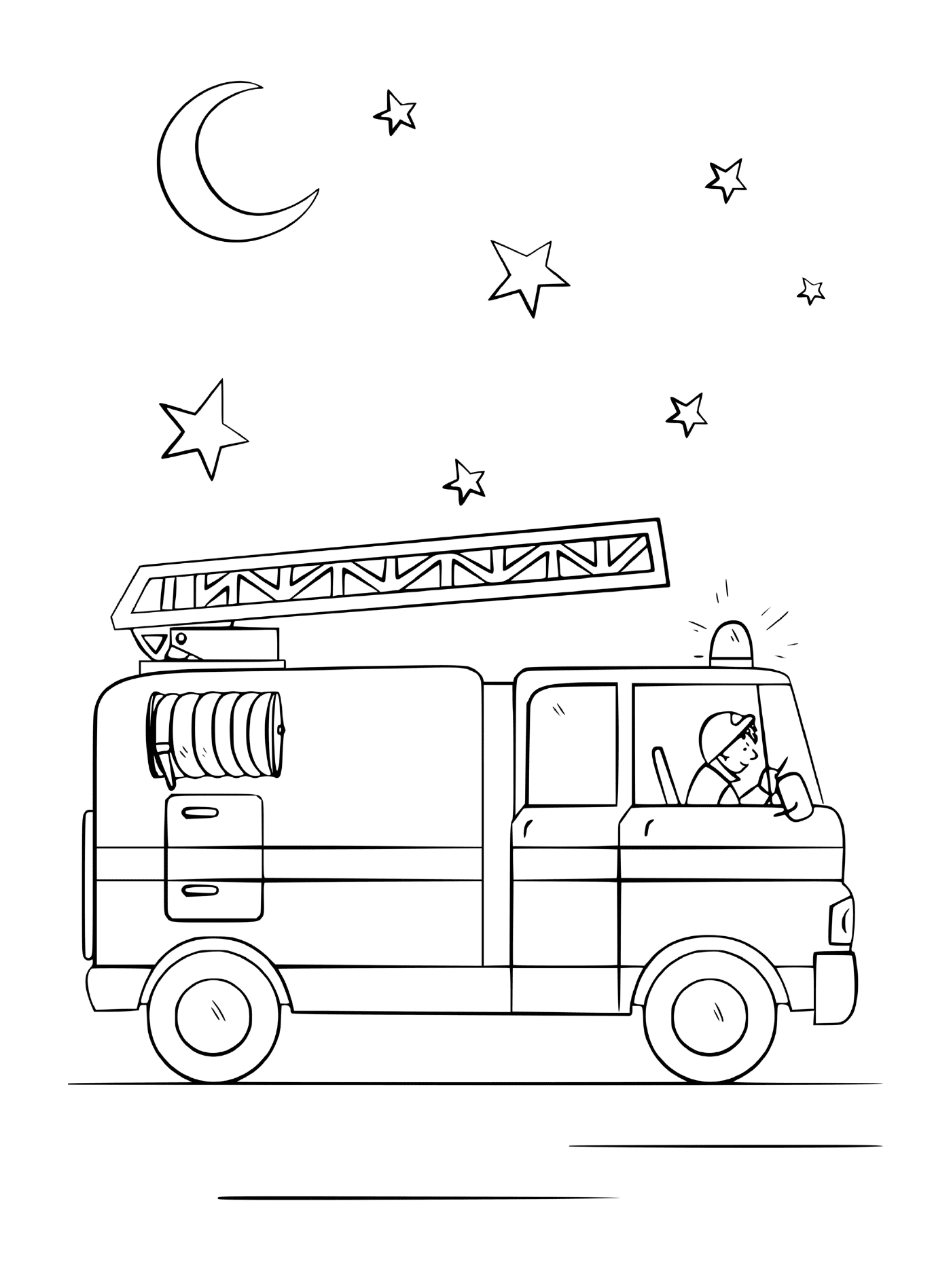   Un camion de pompiers pendant la nuit, sous les étoiles et la lune 