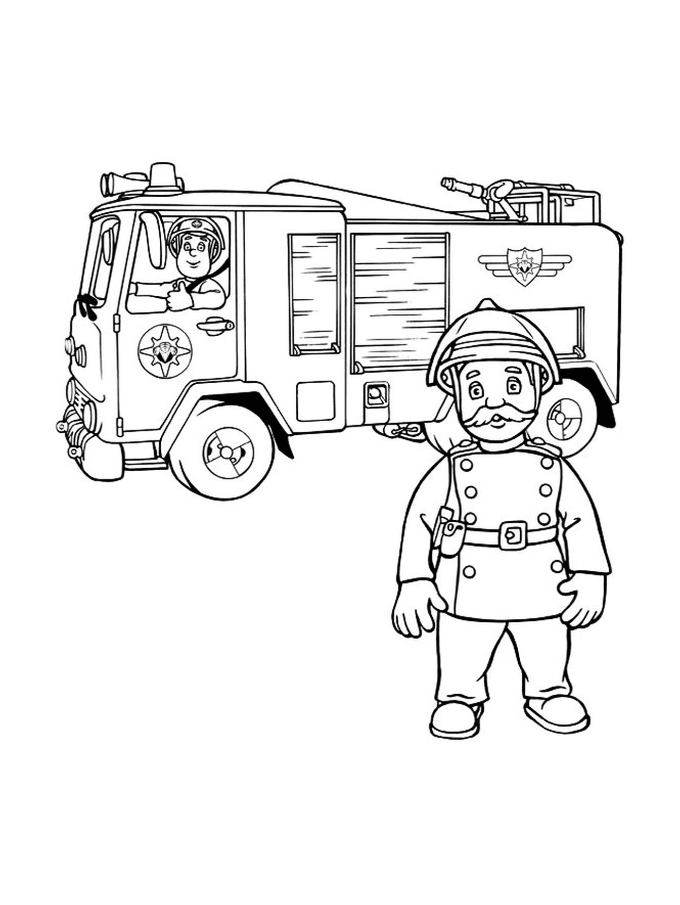   Pompier à côté d'un camion de pompiers 
