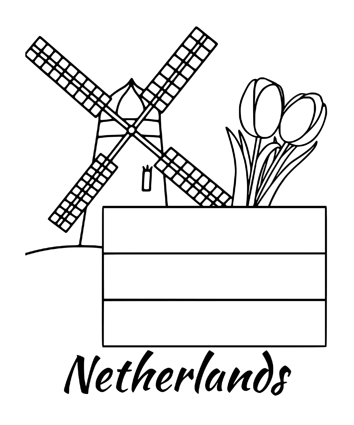   Drapeau des Pays-Bas avec un moulin à vent 