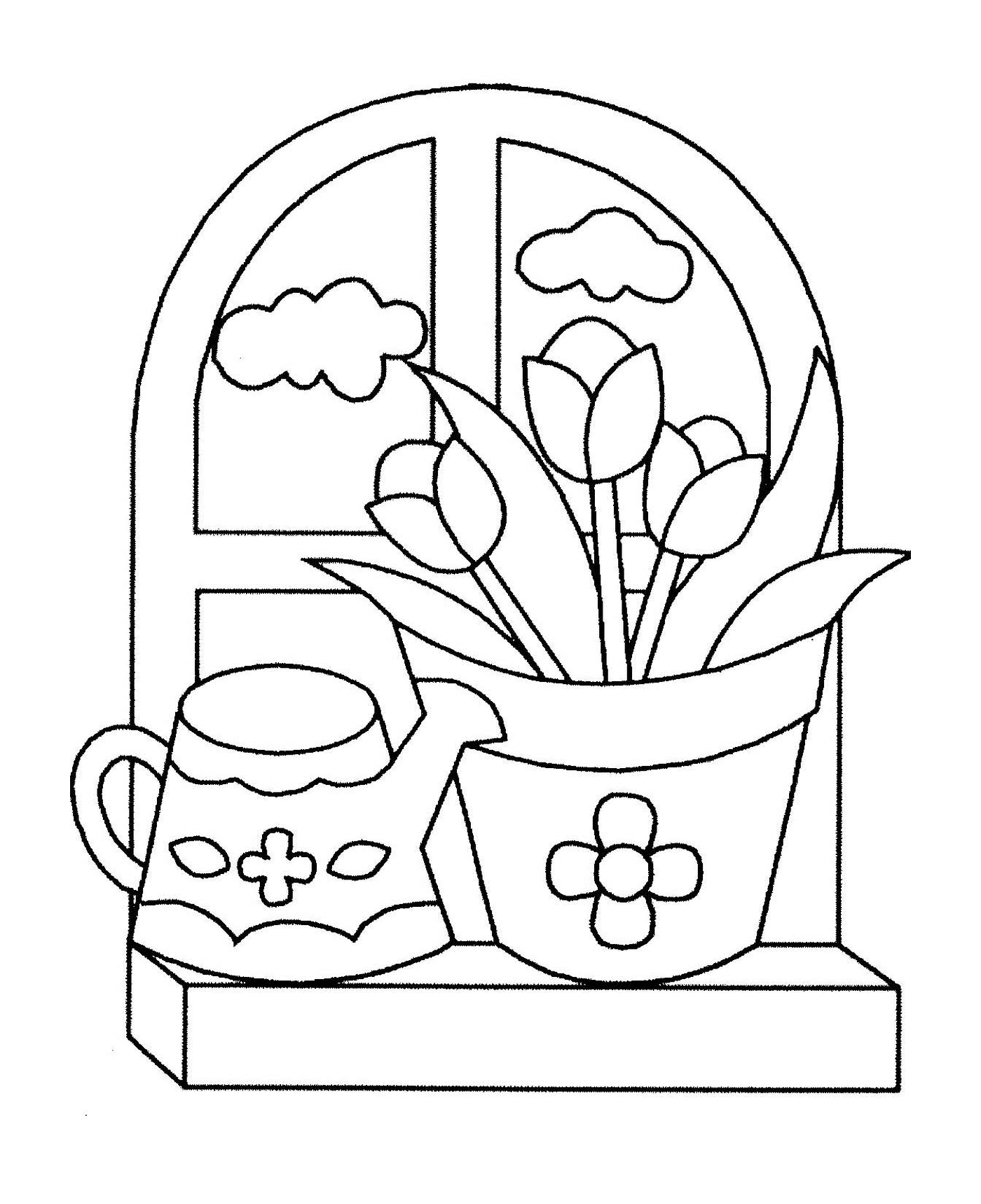   Un pot de fleurs et une arrosoir sur un rebord de fenêtre 