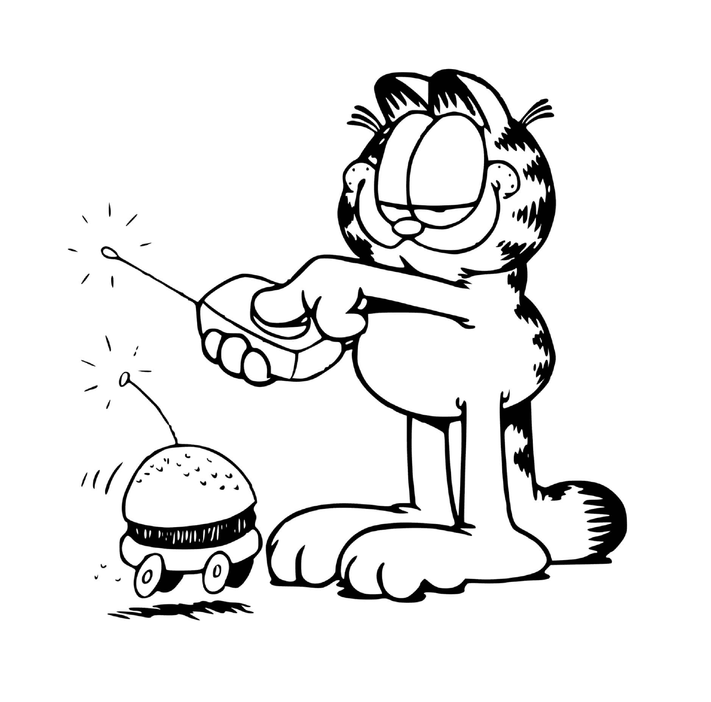   Garfield joue avec une voiture hamburger 