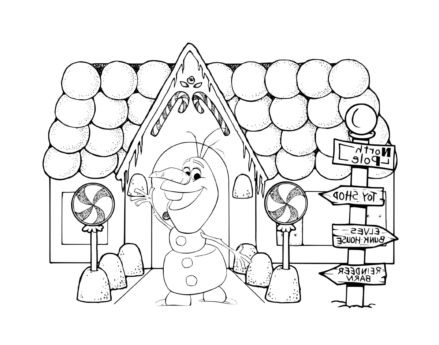  Olaf de La Reine des Neiges devant une maison de pain d'épice 