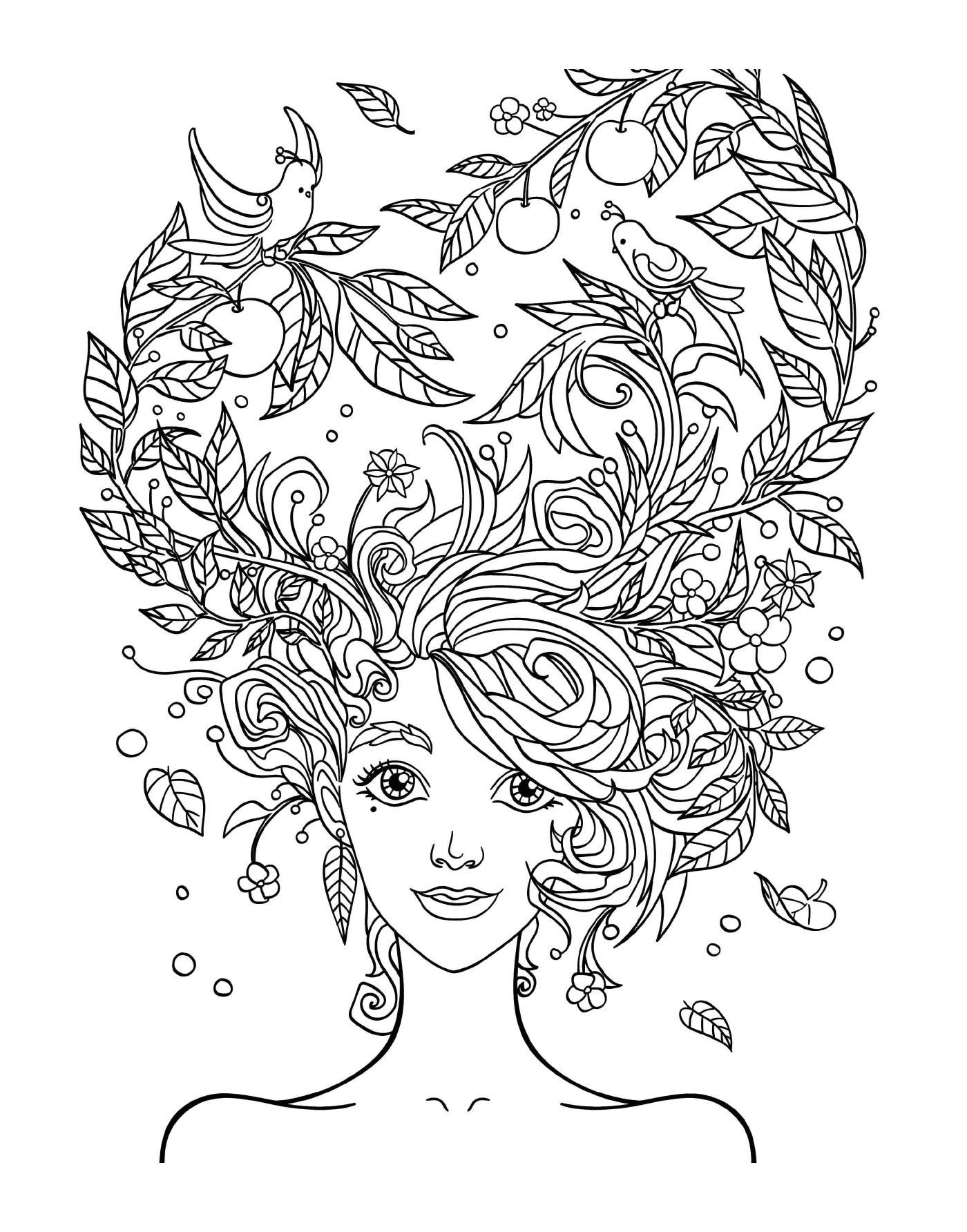   La tête d'une femme avec des fleurs dans les cheveux 