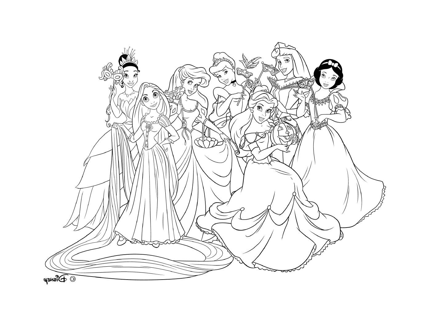   Un groupe de princesses Disney posant pour une photo 