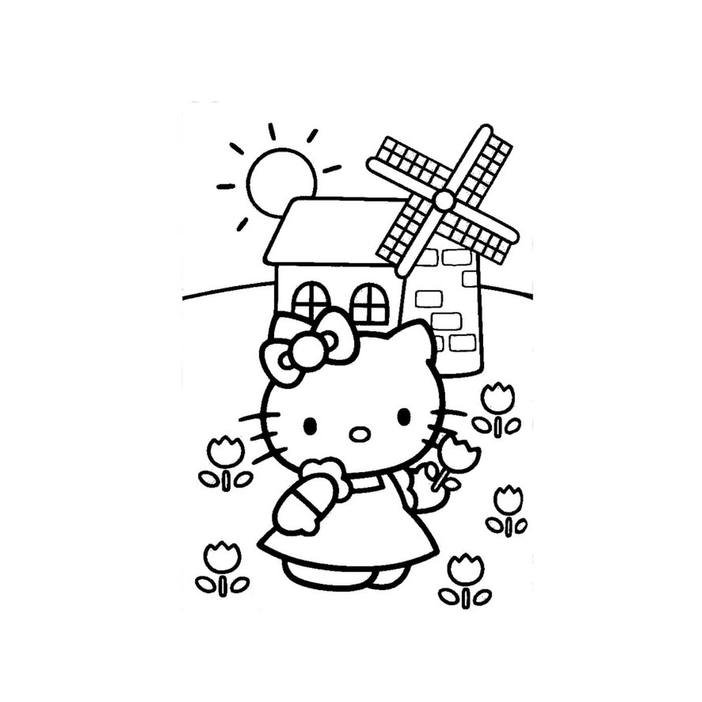   Une hello kitty avec un moulin à vent en arrière-plan 