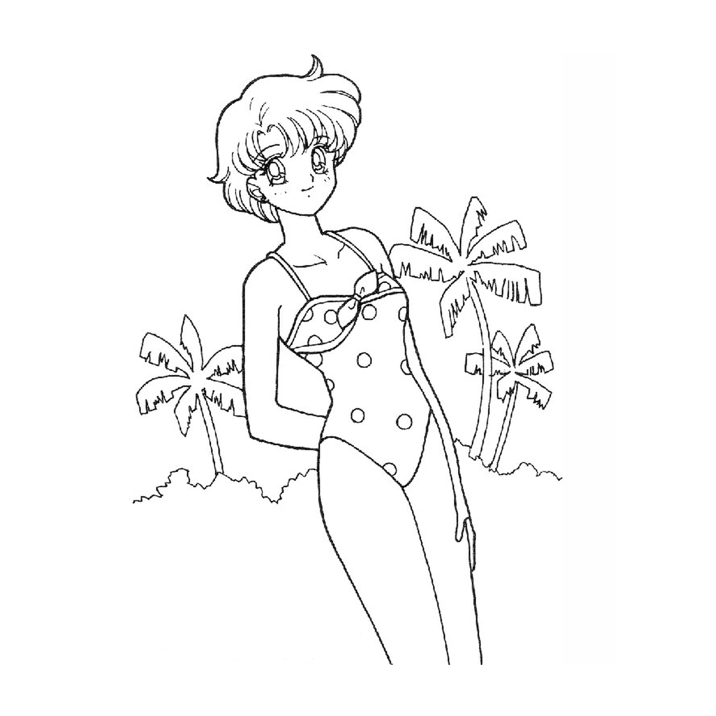   Une femme en maillot de bain debout devant des palmiers 