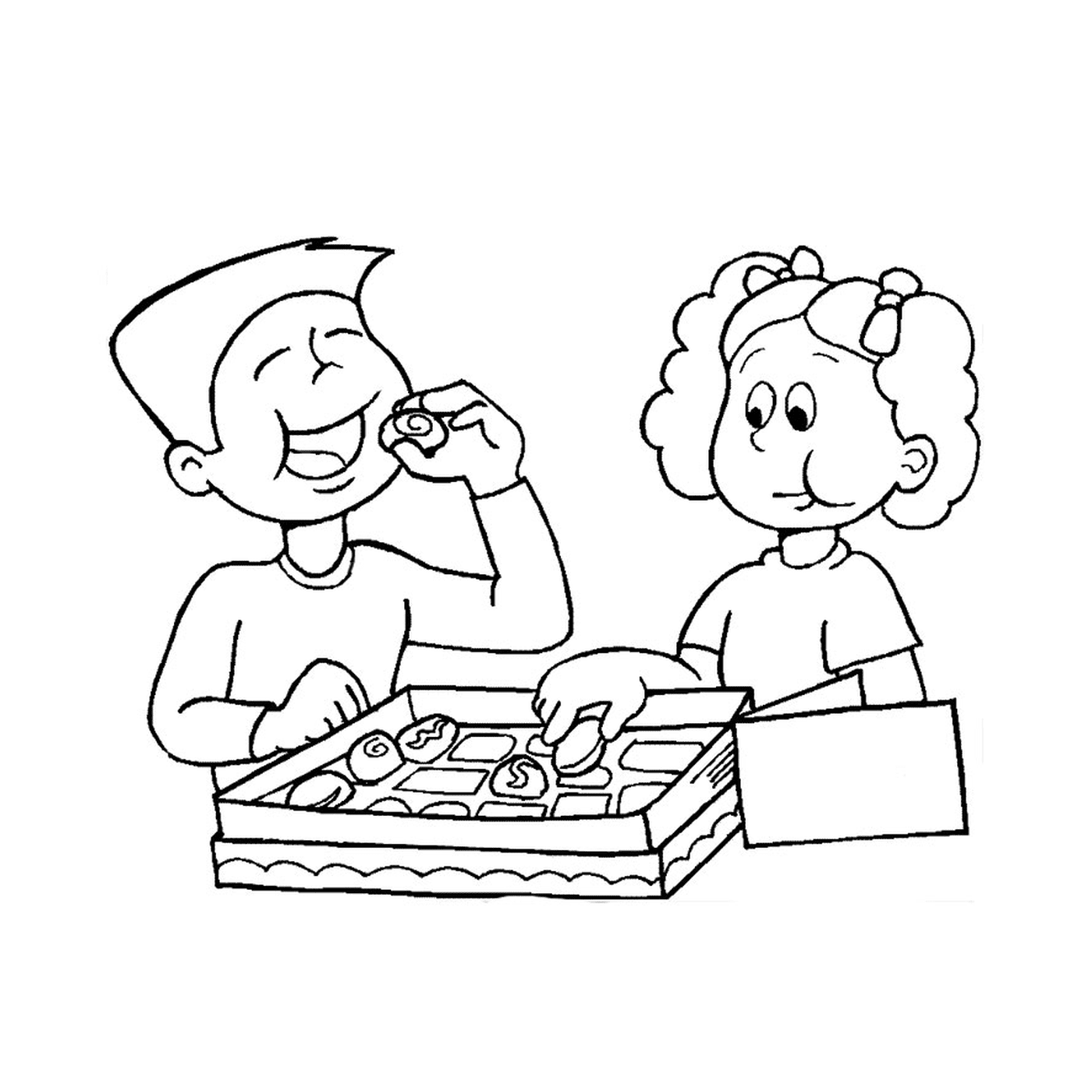   Un garçon et une fille mangeant des beignets 