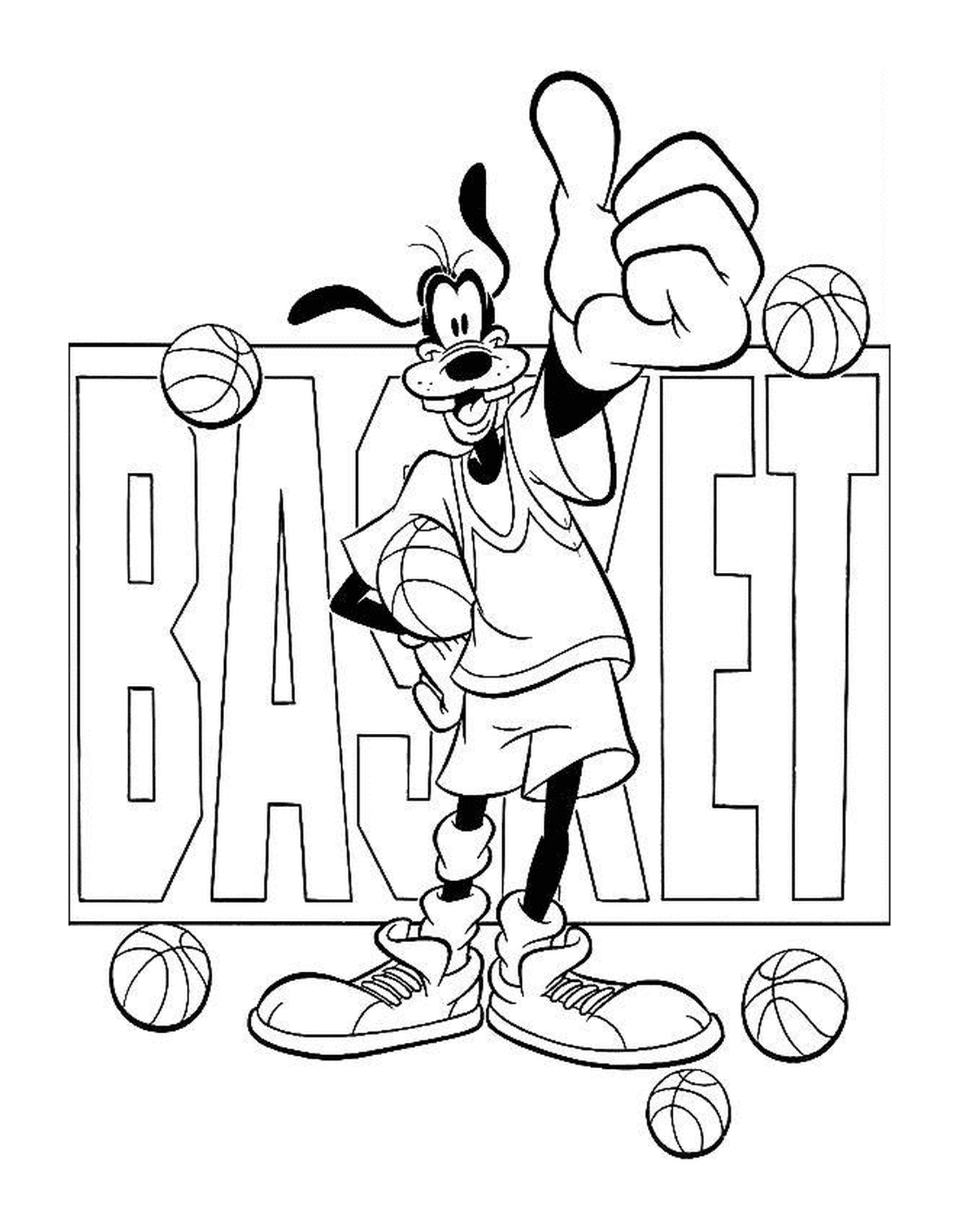   Dingo aime le basketball et tient un ballon devant le mot basket 