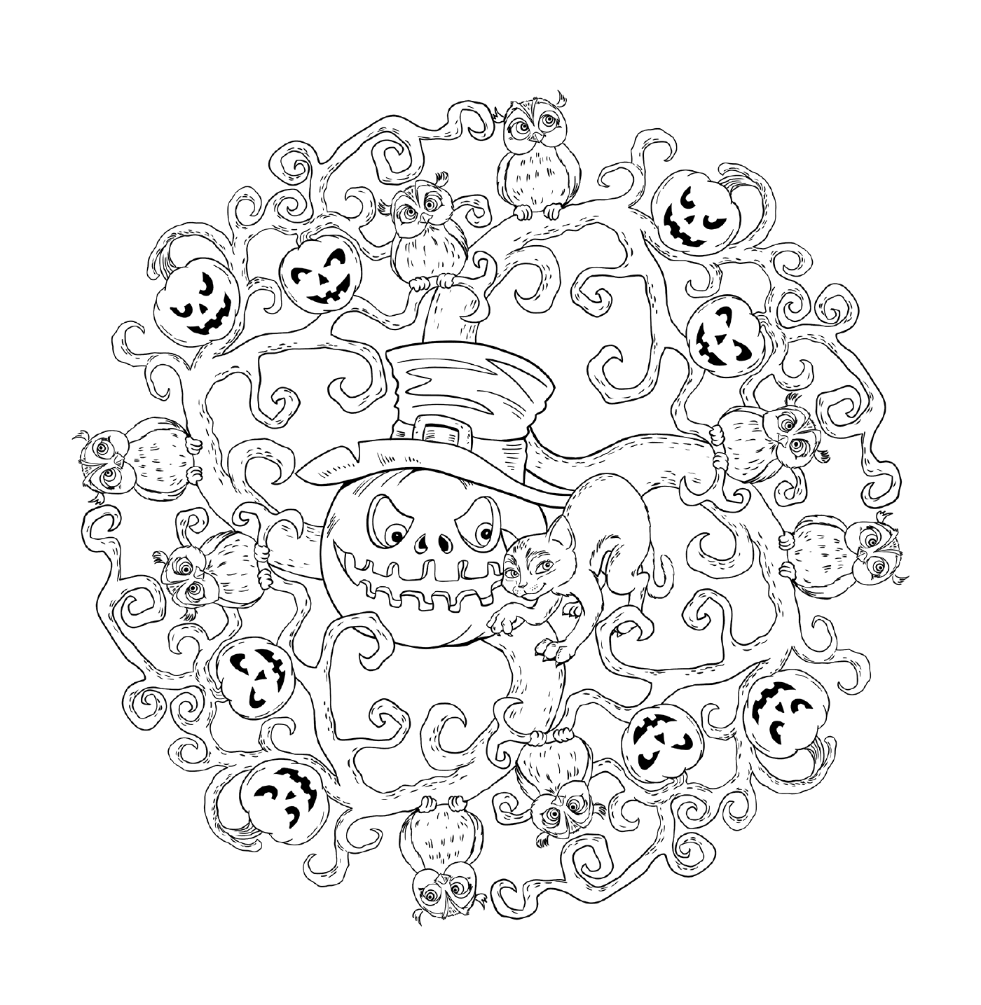   Mandala d'Halloween avec citrouilles, chouettes et chats 
