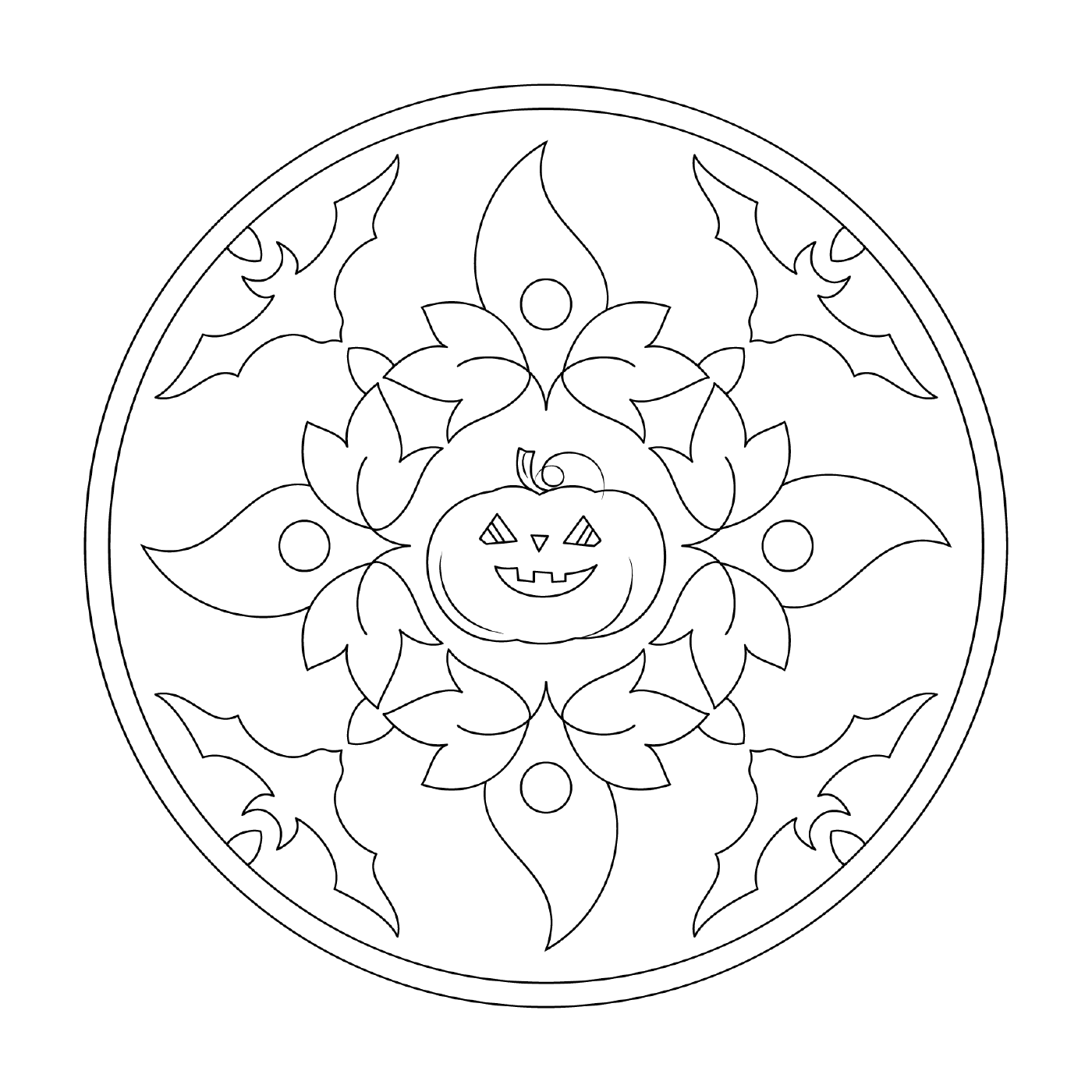   Mandala d'Halloween avec citrouille et chauve-souris 