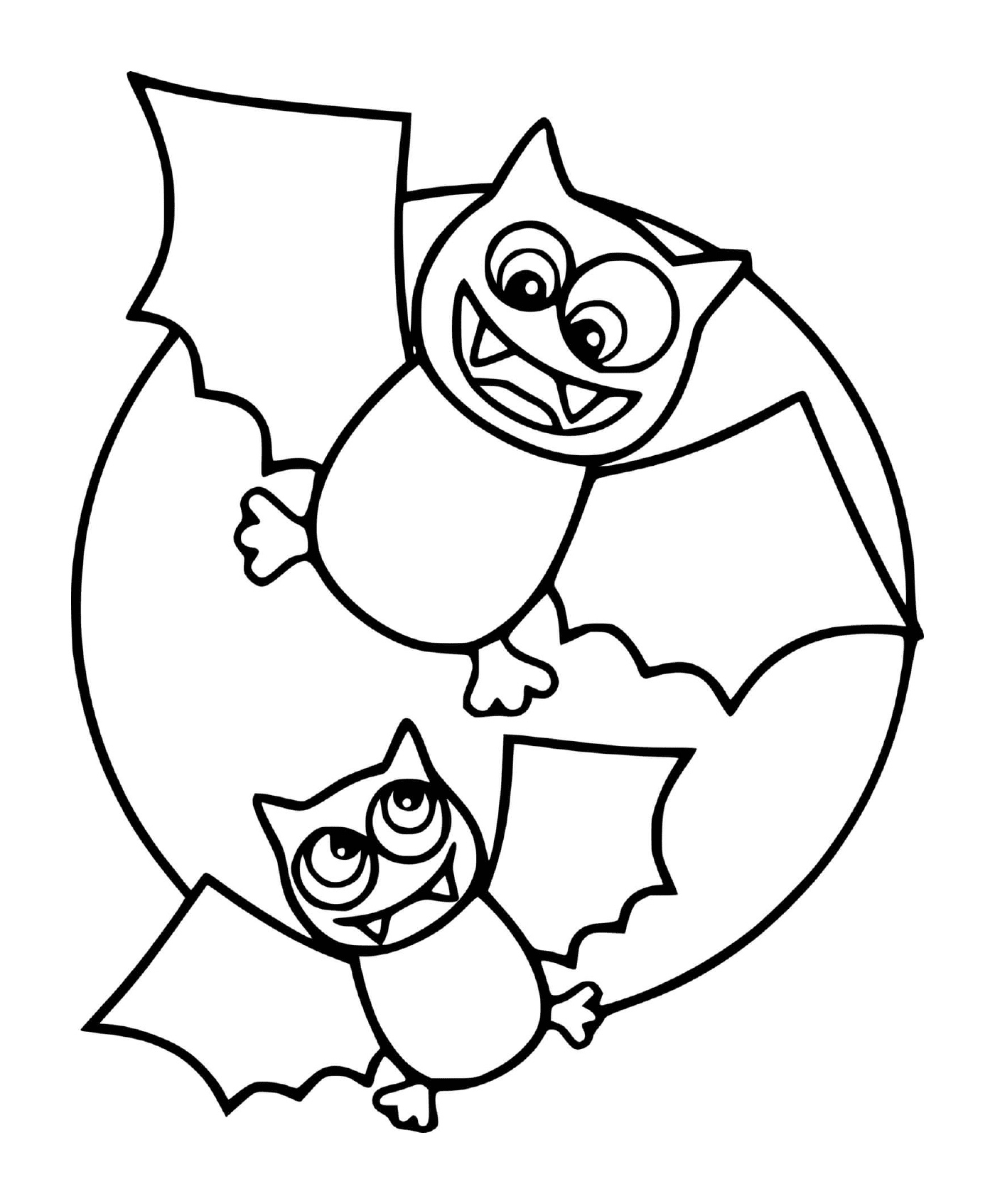   deux chauve-souris en version dessin animé avec la lune 