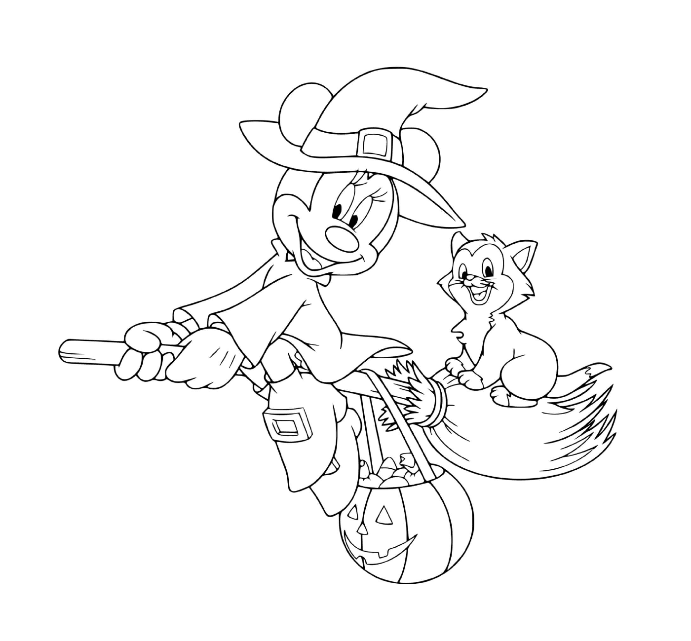   Minnie Mouse sorcière volante avec chat et citrouille Halloween 