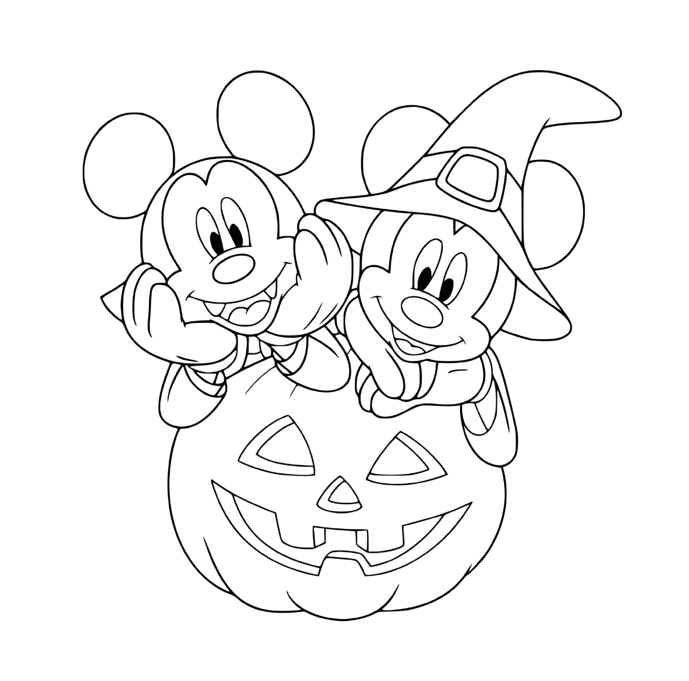  Mickey vampire et Minnie sorcière avec une citrouille 