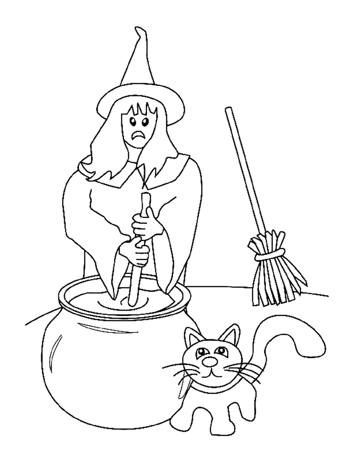   sorcière, balai, marmite et chat 