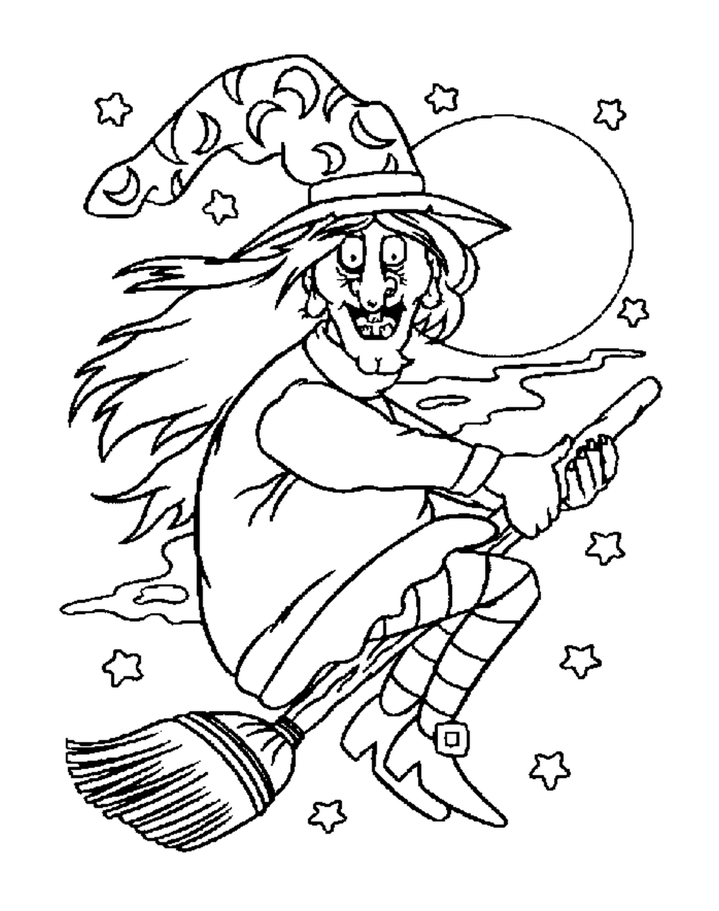   sorcière moche volant sur son balai dans une nuit étoilée 
