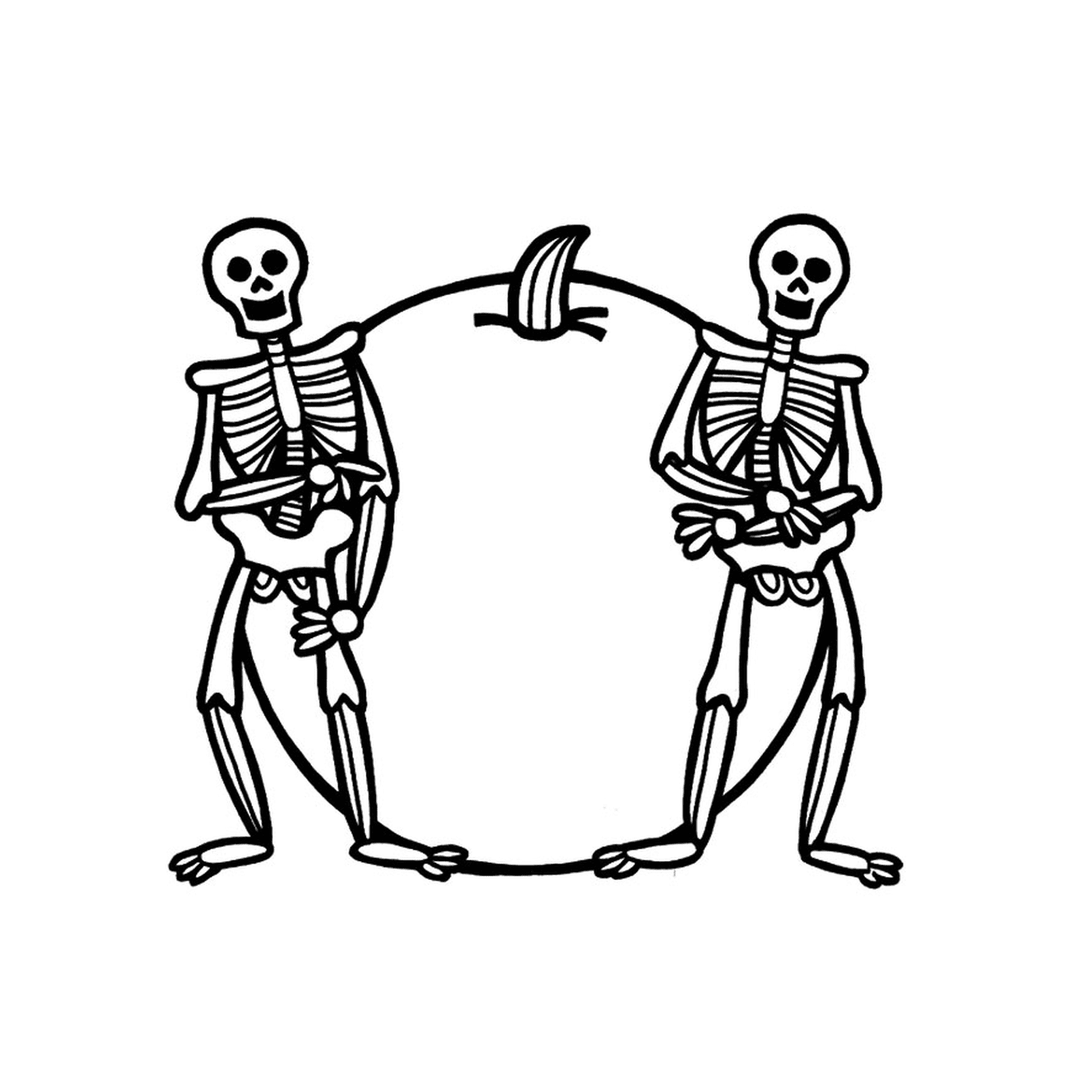   Deux squelettes à côté d'une pomme 