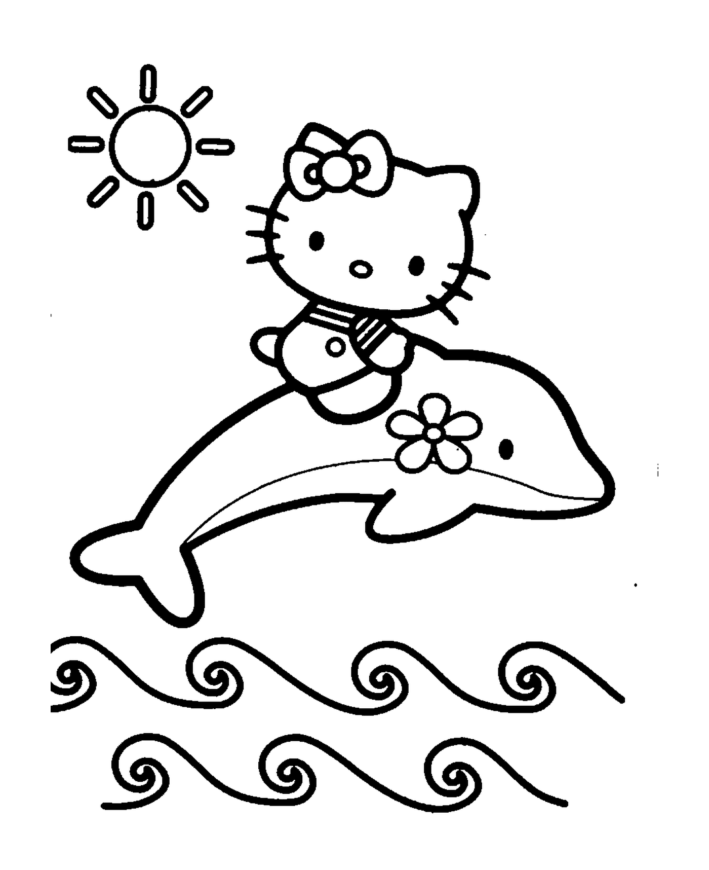   Hello Kitty chevauchant un dauphin dans l'eau 