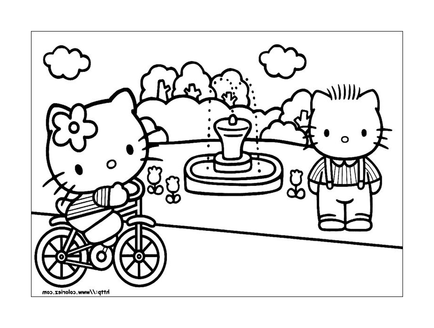   Hello Kitty et un garçon faisant du vélo 