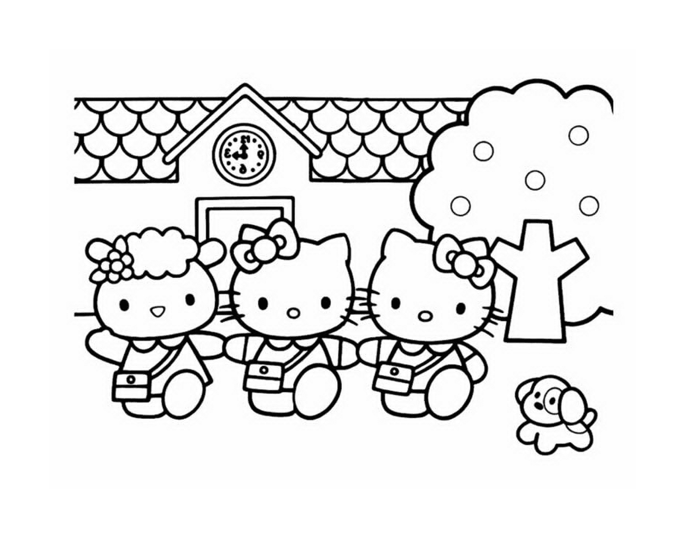   Un groupe de Hello Kitty devant une maison 