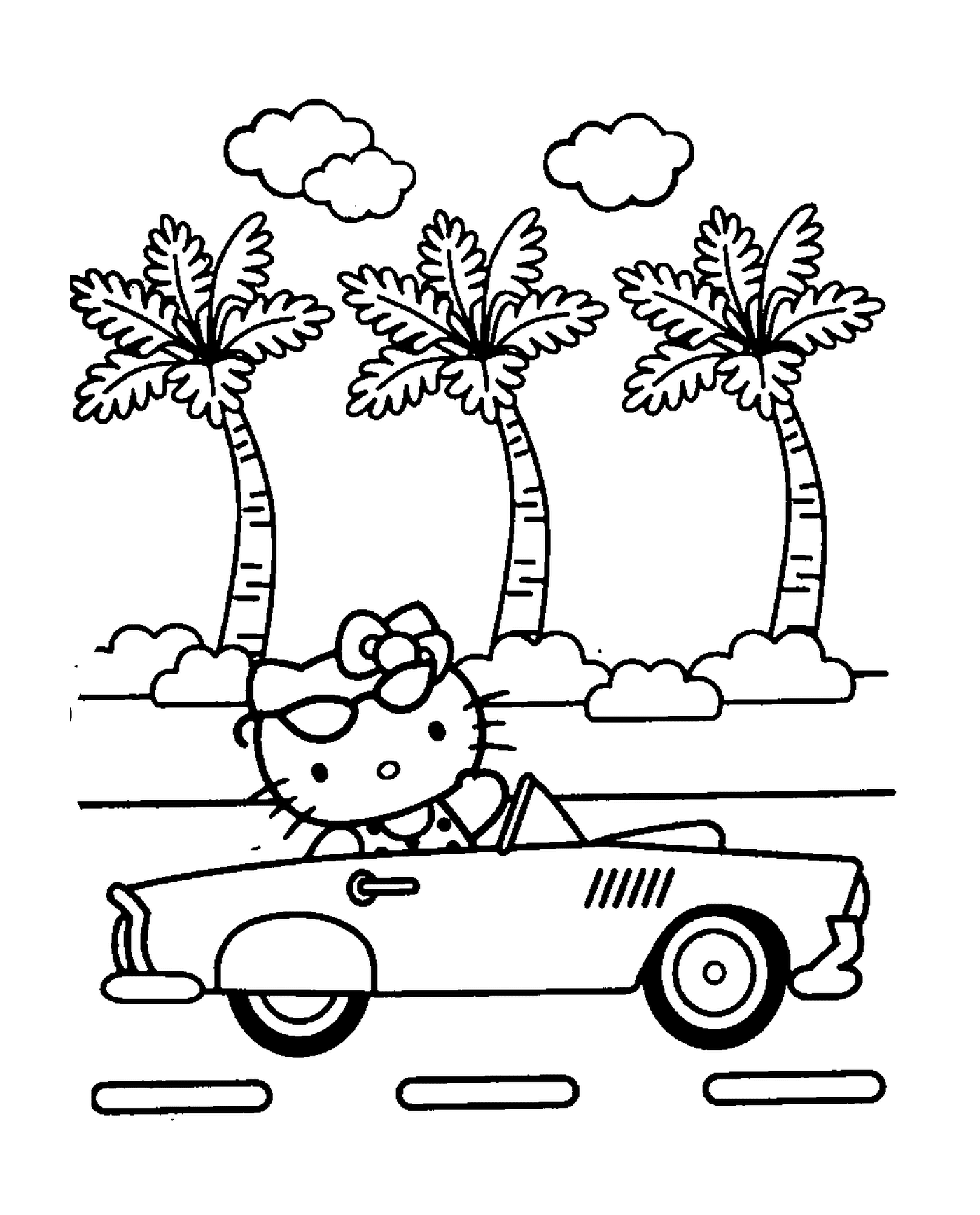   Hello Kitty conduisant une voiture devant des palmiers 