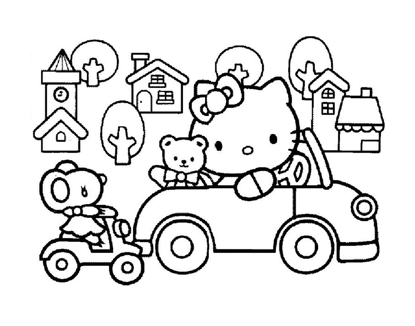   Hello Kitty conduisant une voiture avec un nounours 
