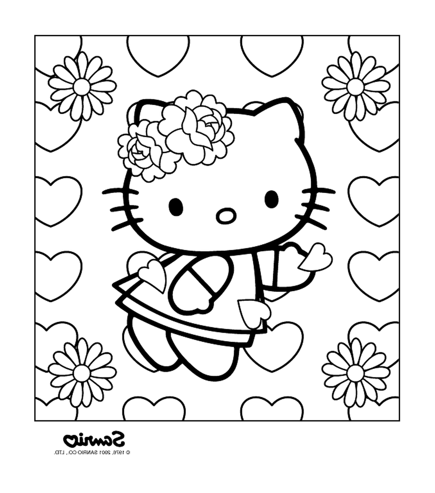   Hello Kitty avec des cœurs et des fleurs 