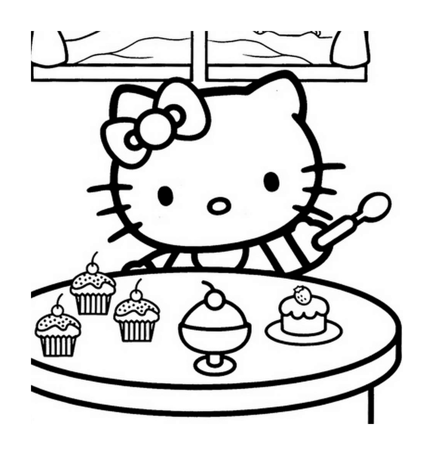   Hello Kitty assise devant une table pleine de cupcakes 