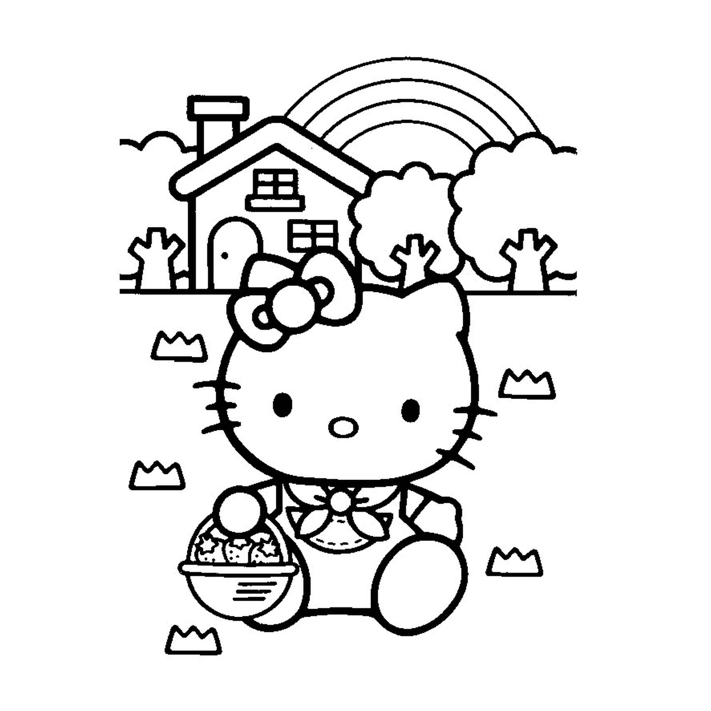   Hello Kitty assise devant une maison 
