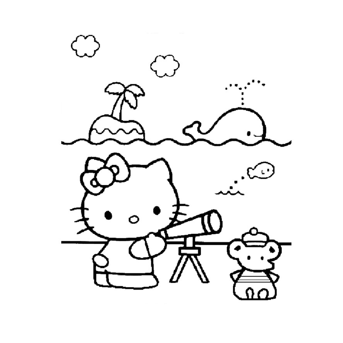   Hello Kitty regardant à travers un télescope vers un ours en peluche 
