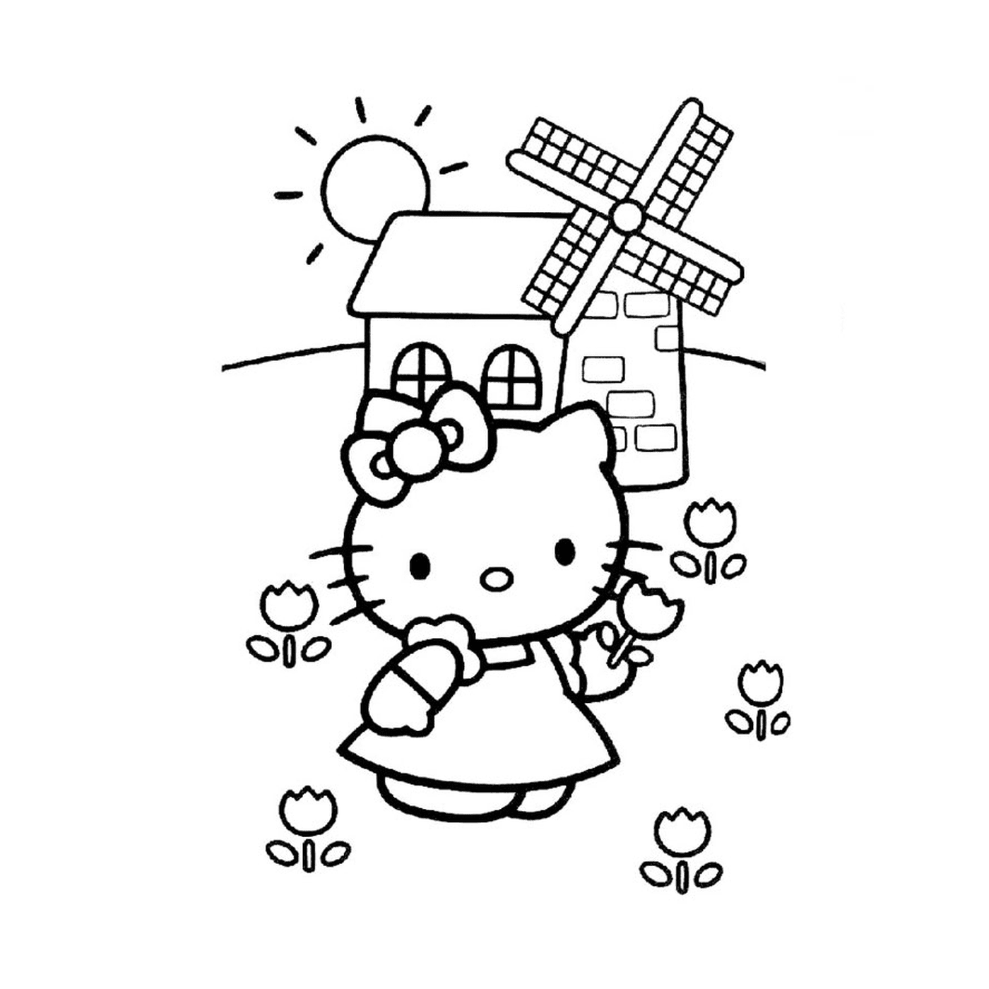   Hello Kitty avec un moulin à vent à l'arrière-plan 
