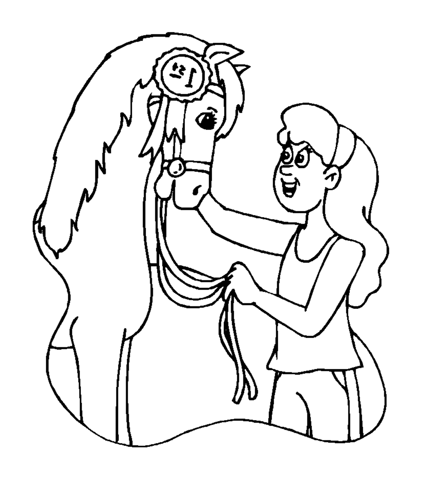   Jeune fille s'occupant de son cheval avec tendresse 