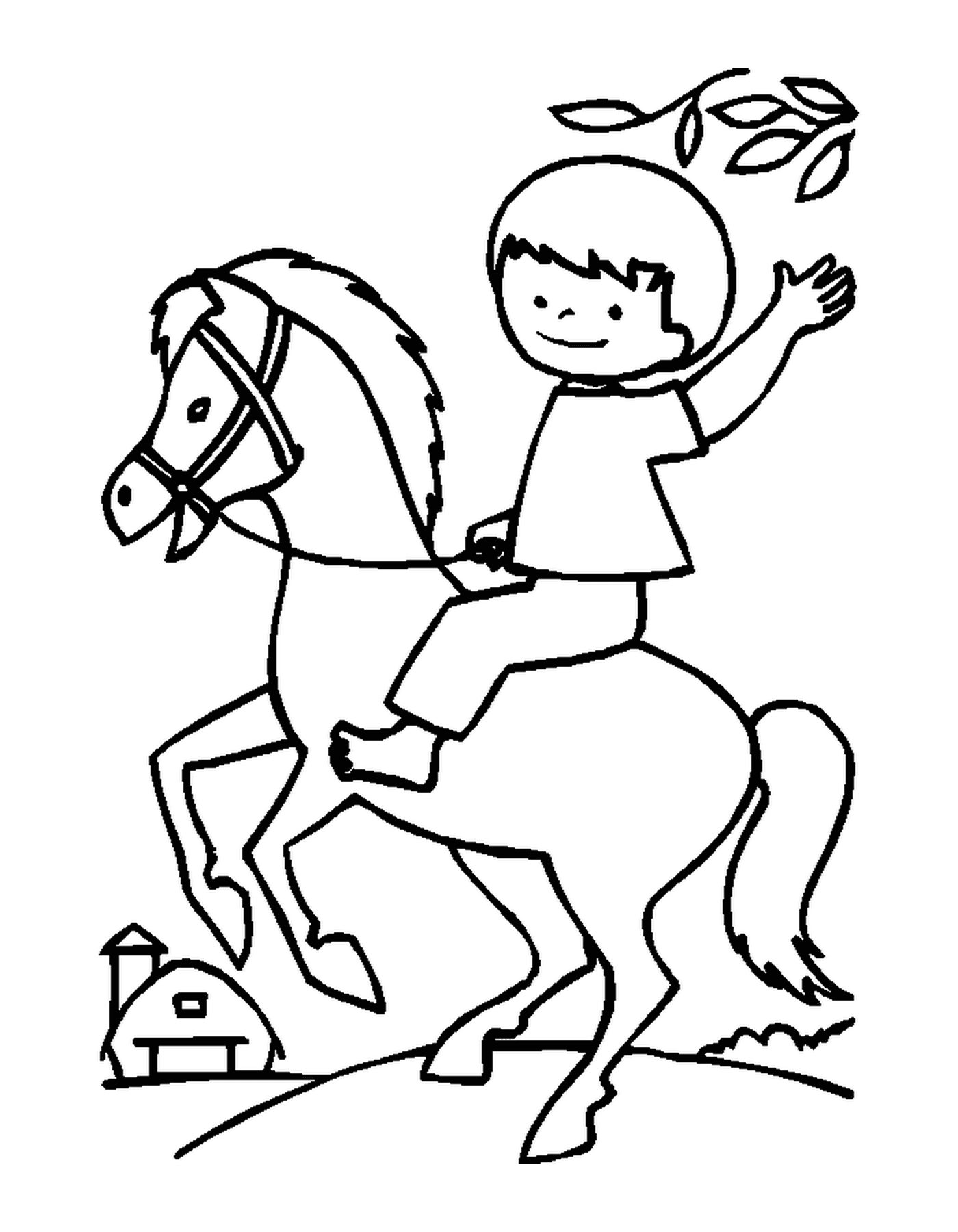   Enfant chevauchant joyeusement son cheval en tenant les rênes 