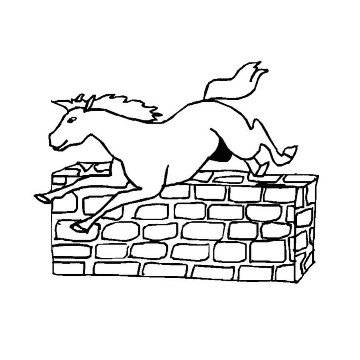   Cheval bondissant audacieusement par-dessus un mur 