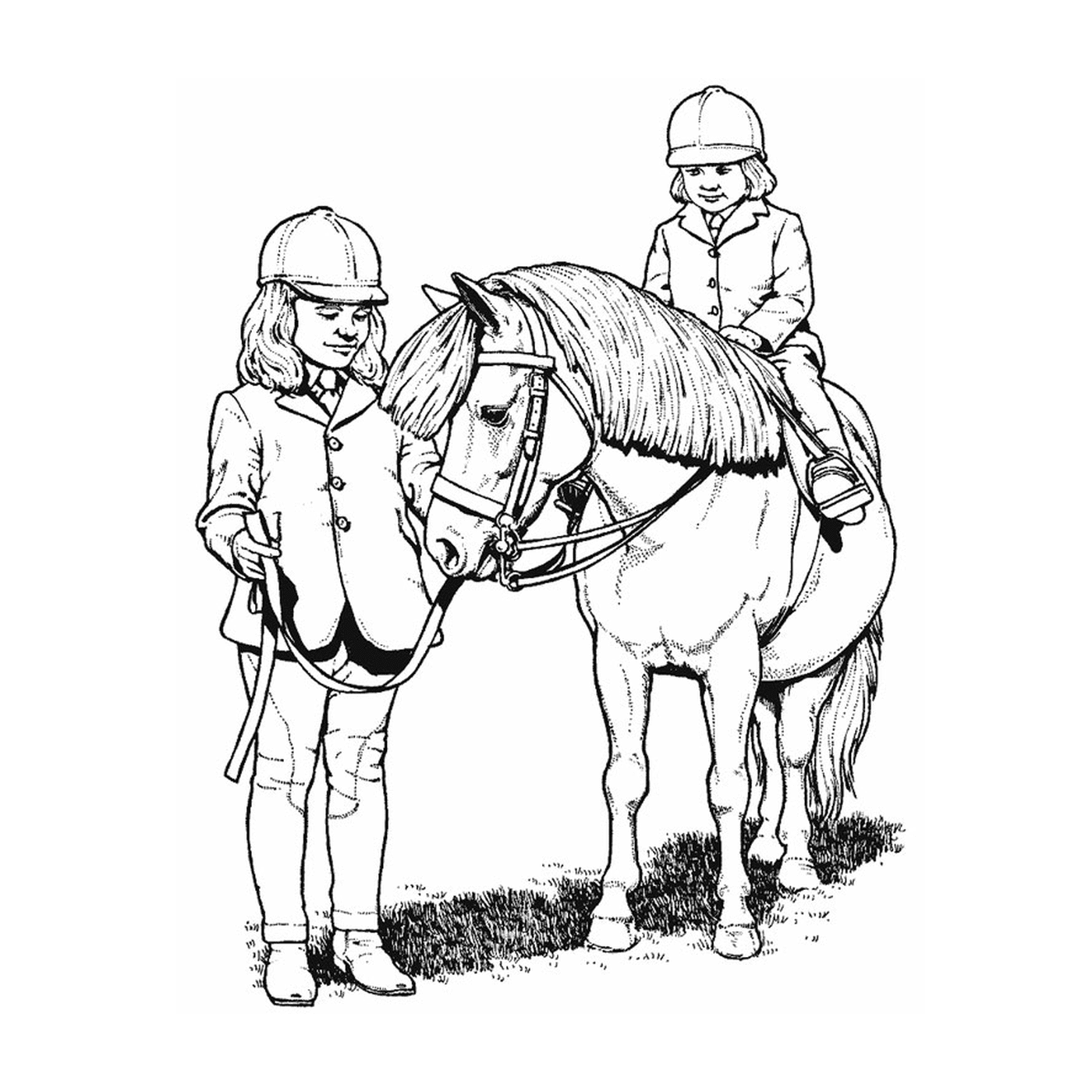  Chevaux de course - Deux enfants montent à cheval en tenant les rênes 