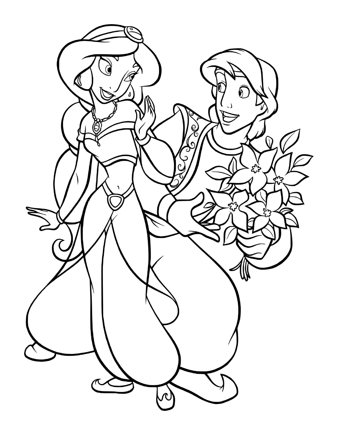   Aladdin offrant des fleurs roses à la princesse Jasmine 