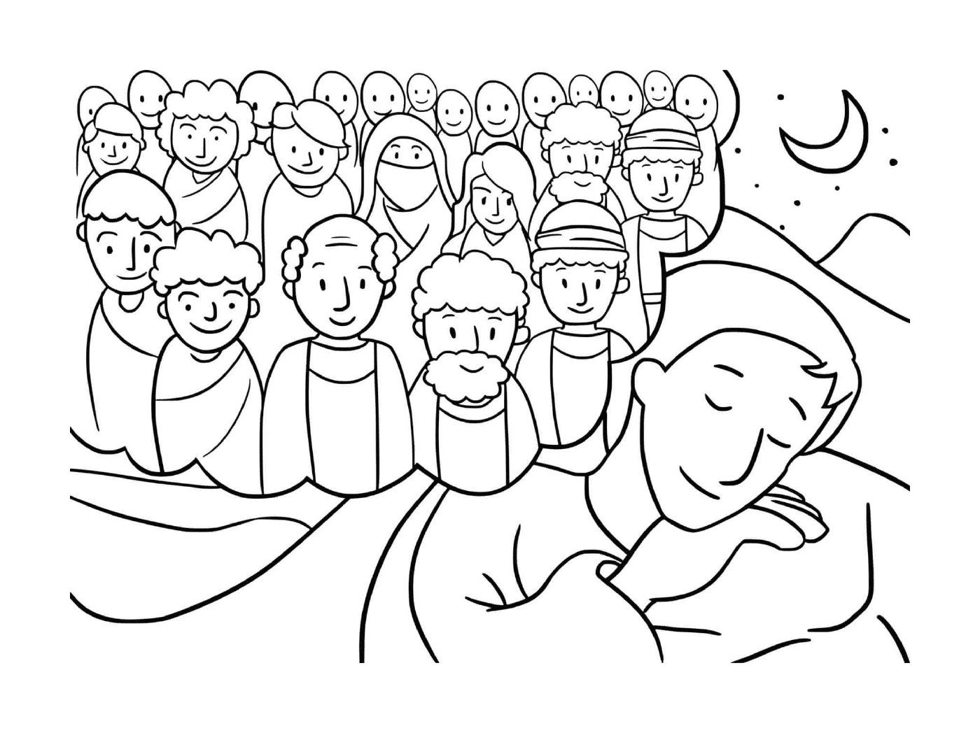   Groupe de personnes rassemblées autour d'un homme qui dort 