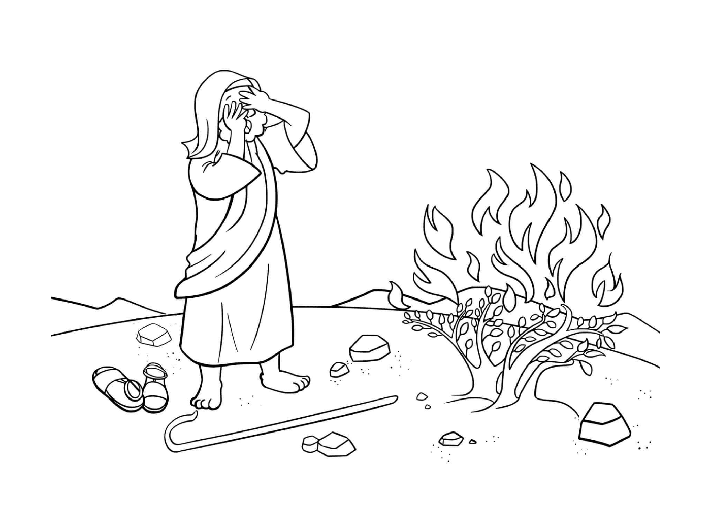   Buisson ardent, homme debout à côté d'un feu 