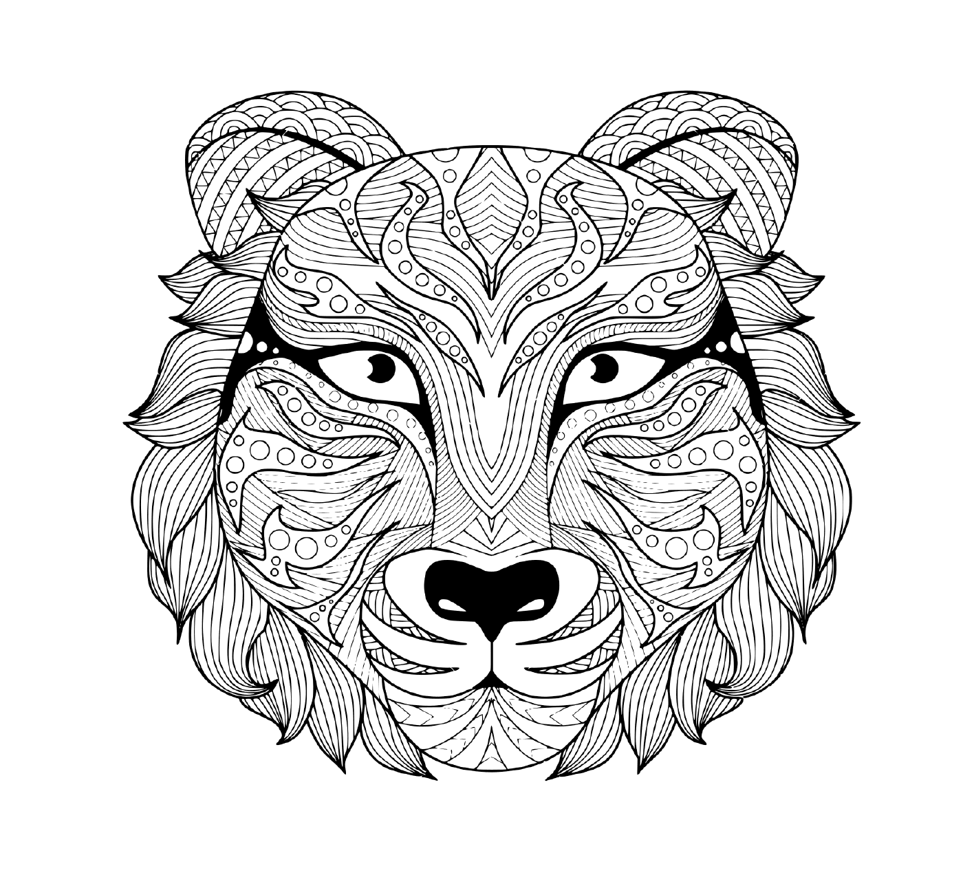   une représentation tatouée d'une tête de tigre adulte avec des yeux colorés 