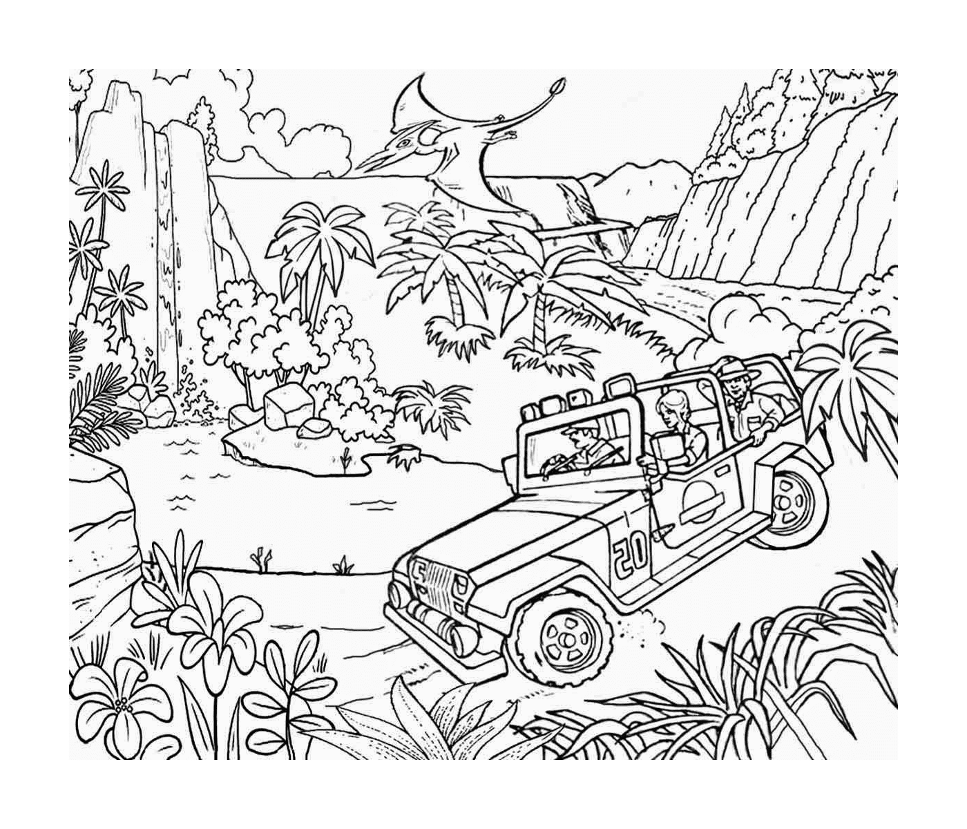   Jeep dans la jungle de Jurassic Park, aventure en cours 