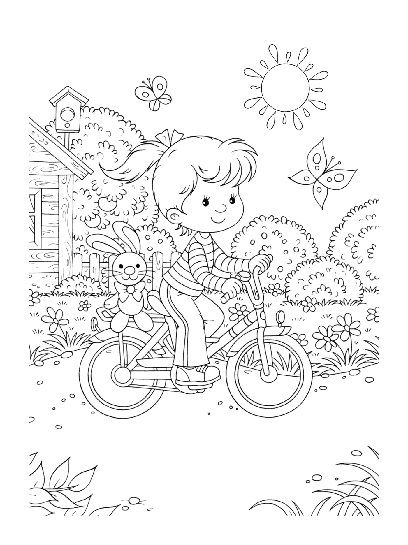   Une petite fille fait du vélo avec un lapin à l'arrière 