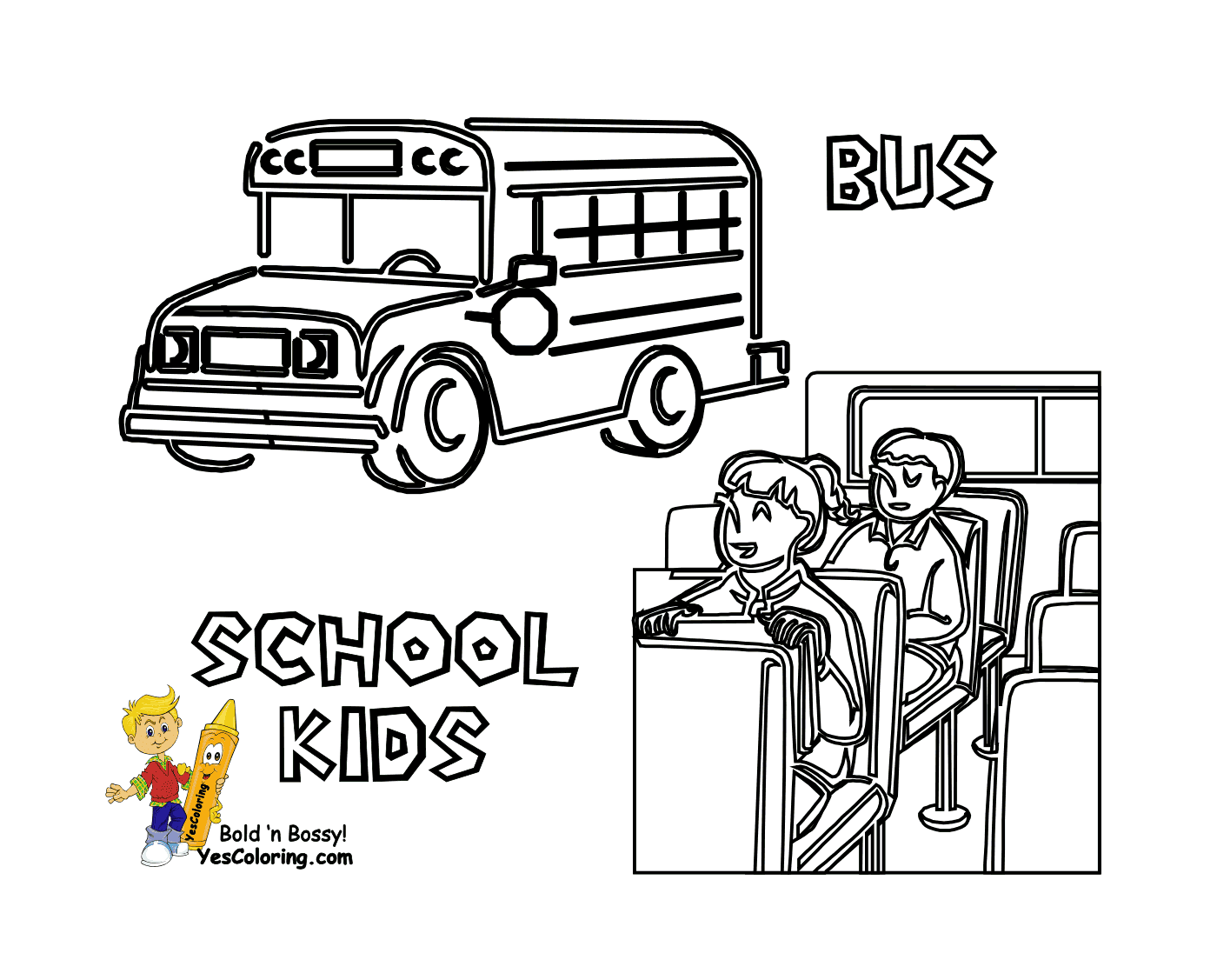   Un bus scolaire et un garçon assis à son bureau 