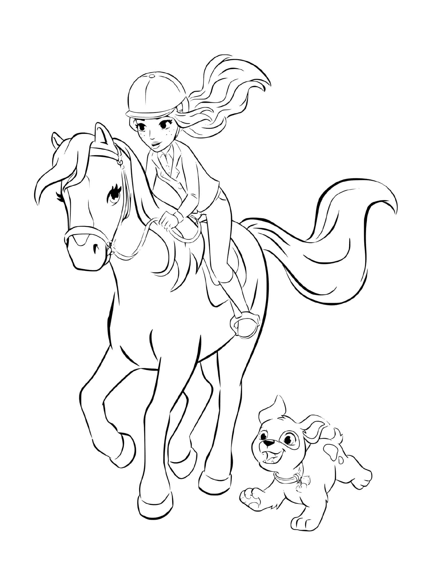   Fille chevauchant un cheval avec son chien 