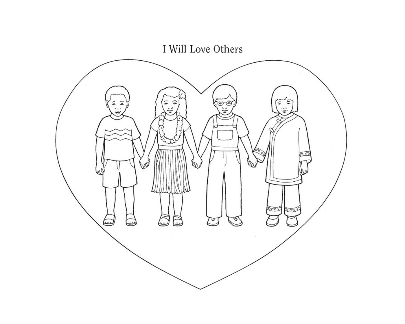   Quatre enfants se tenant la main devant un cœur 