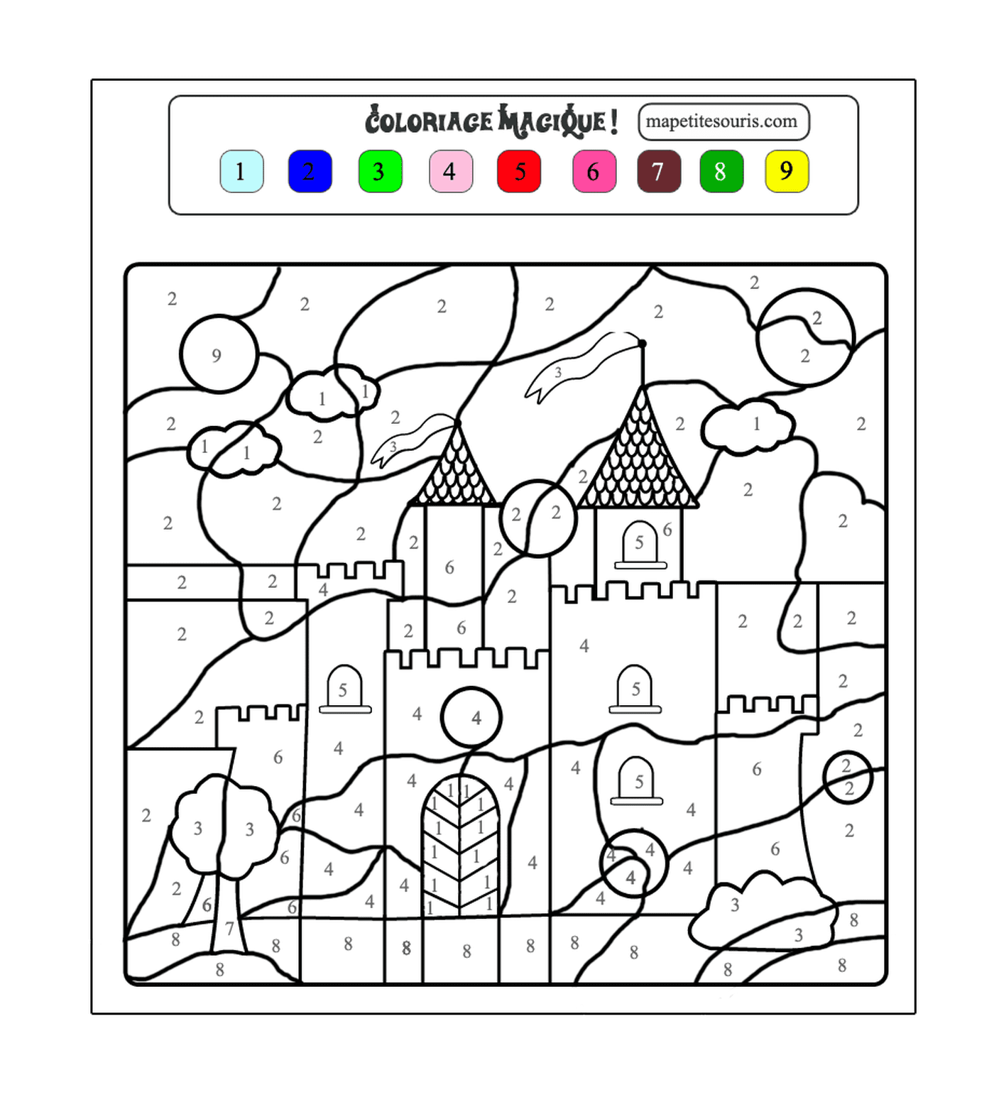   Feuille d'exercices de coloriage par numéro pour les enfants avec un château 