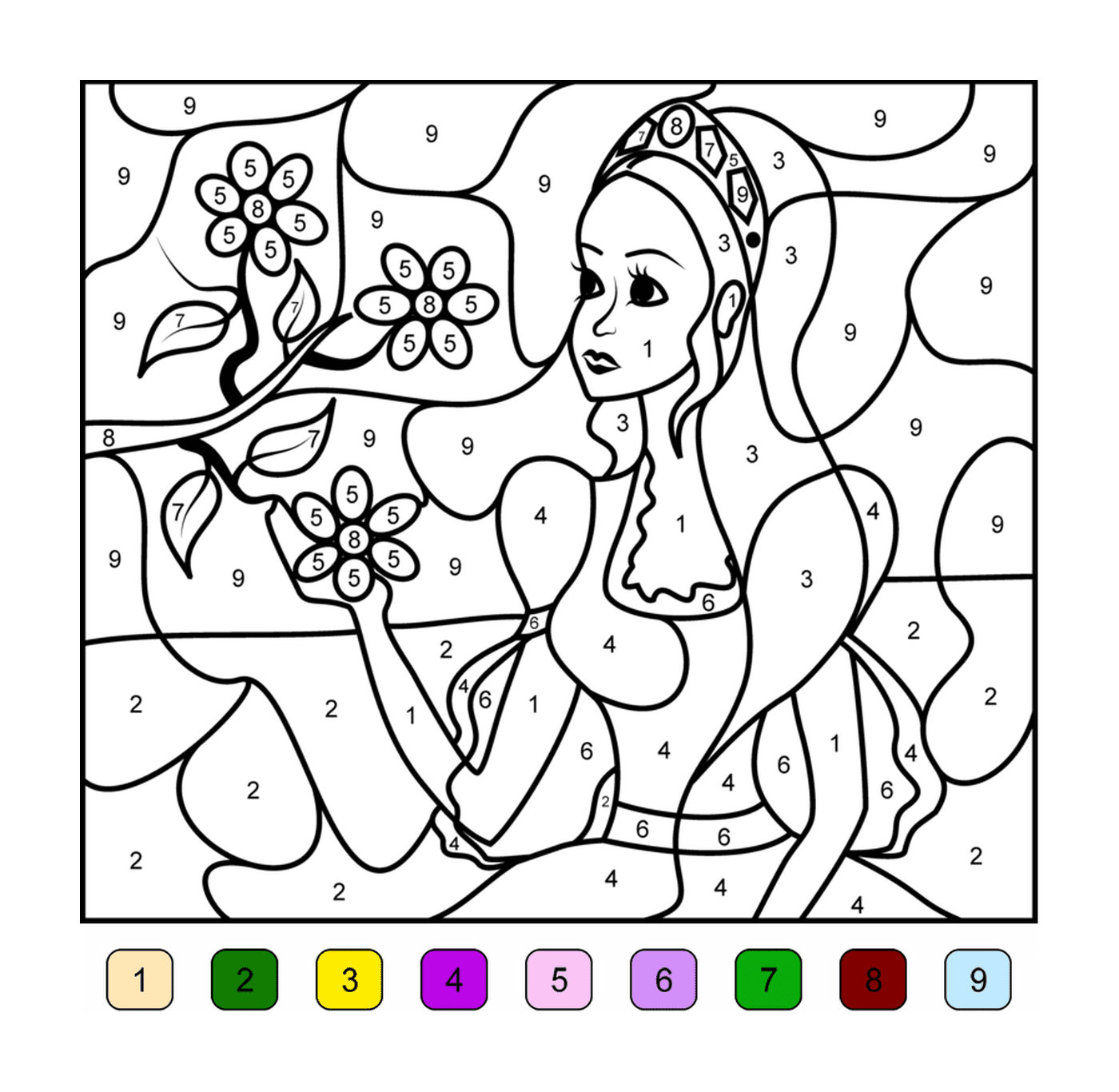   Une femme avec un bouquet de fleurs coloriant par numéro 