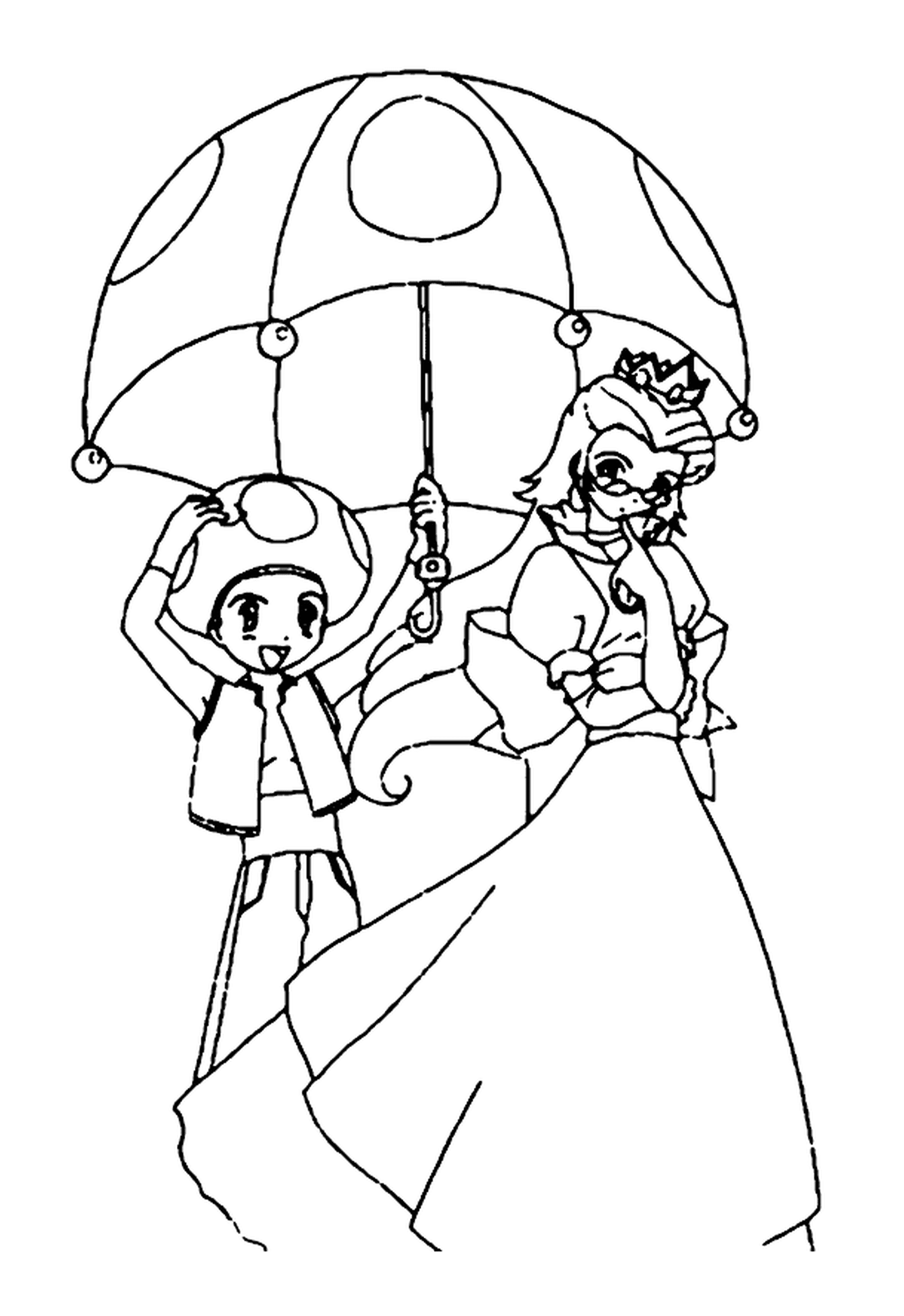   La princesse et Toad, une femme âgée tenant un parapluie et un jeune garçon tenant un parapluie 