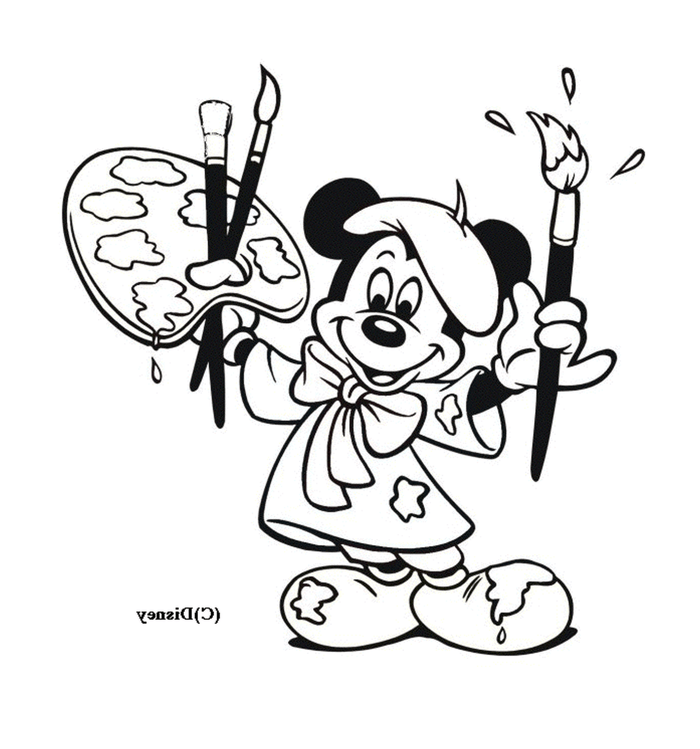   Mickey est un peintre : tenant des pinceaux et un chevalet 