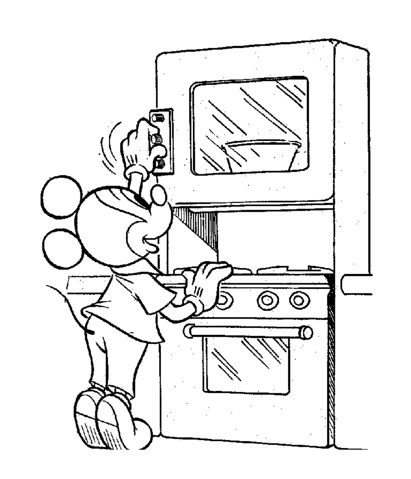   Mickey allume son four : personnage de dessin animé cuisinant dans une cuisine 