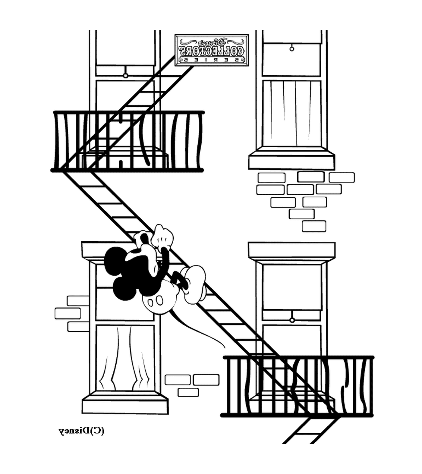   Mickey dans les escaliers de secours : échelle de secours avec un homme tombant 